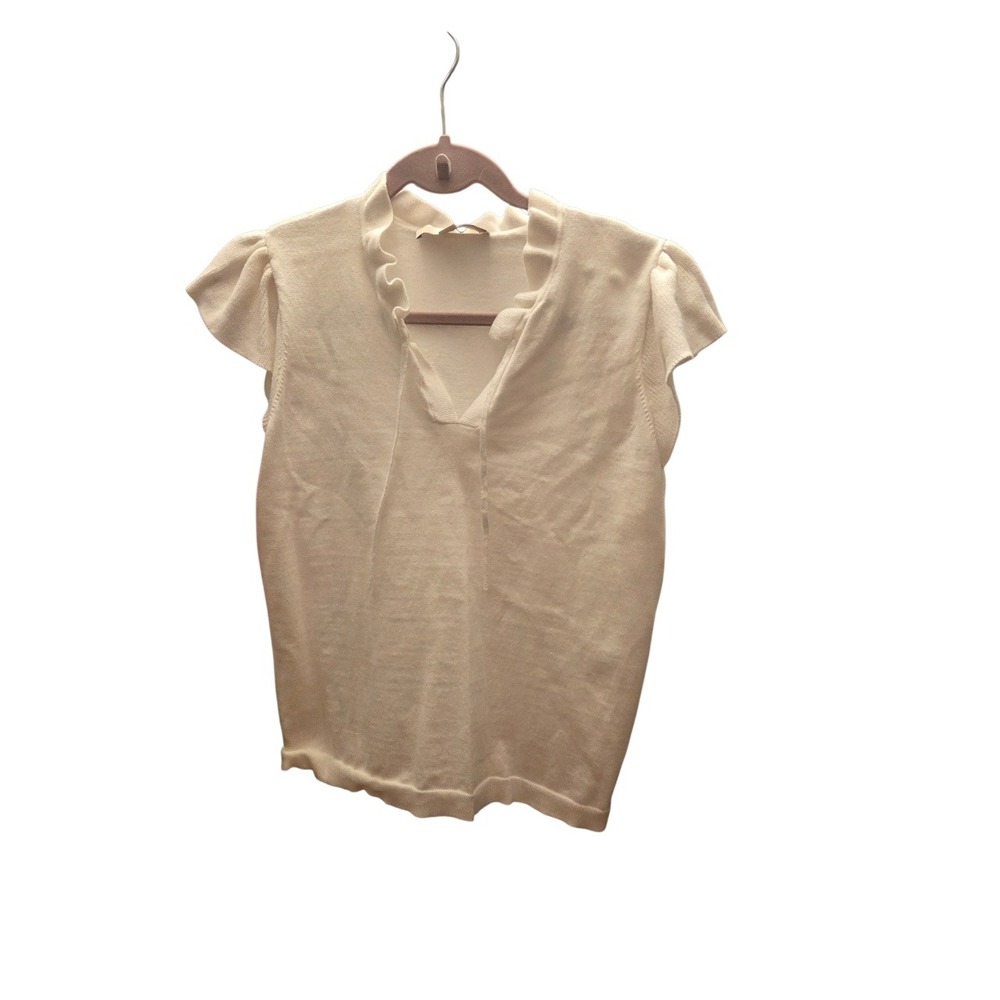 LOFT Ivory Ruffle Trim Sweater Top | Size Medium